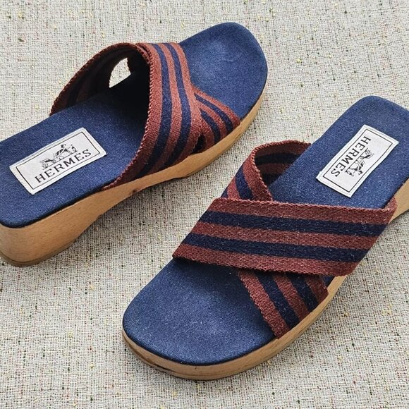 Hermes Women Sandal Canvas Navy Tan Strap Wooden Heel Shoes France Size 5.5US